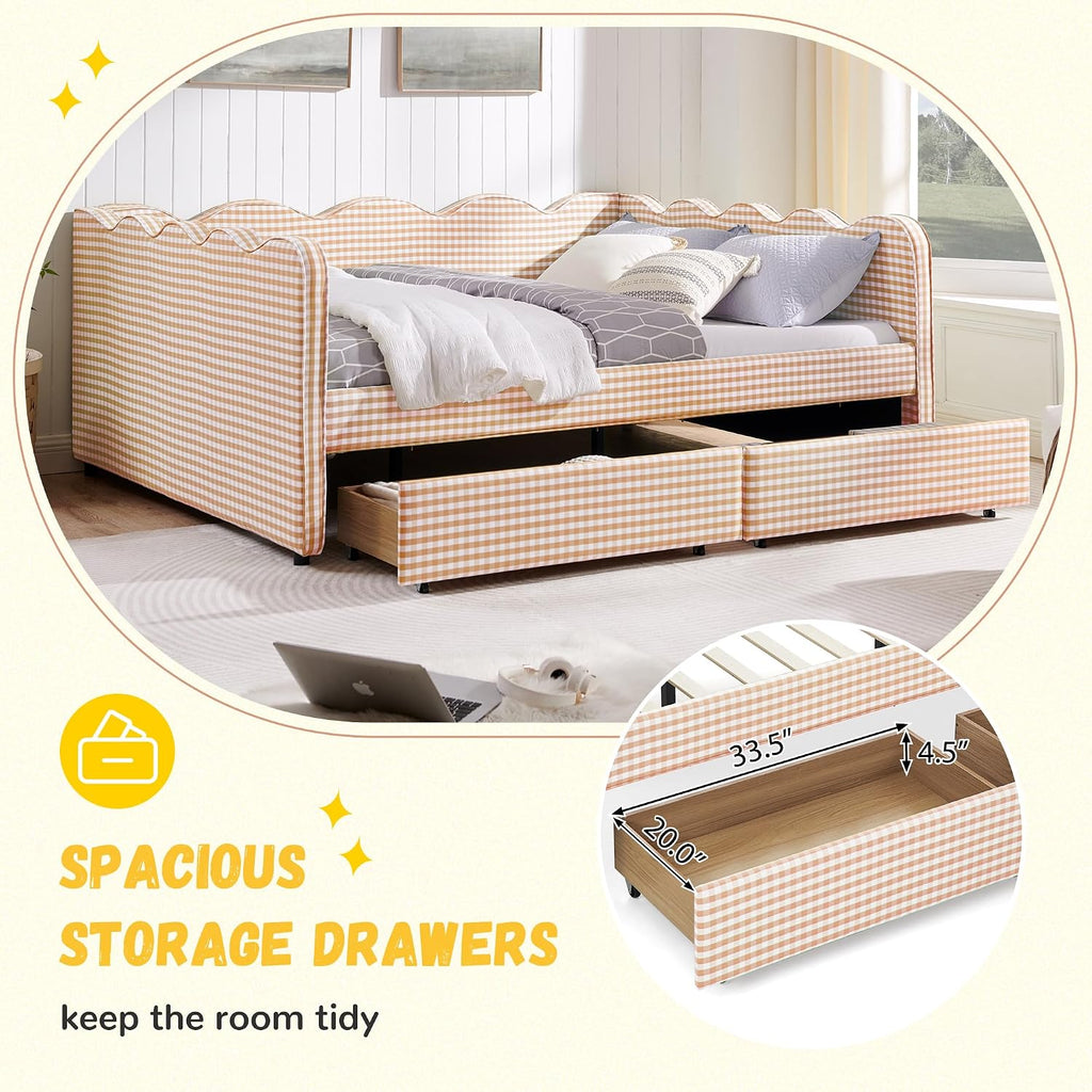 Queen Gingham Daybed with 2 Storage Drawers and USB Ports