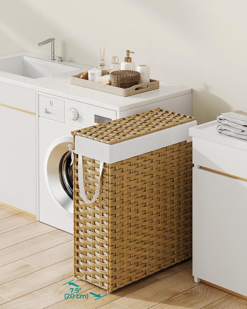 Slim Laundry Hamper with Lid, 14.5 Gallon (55L) Rattan Clothes Laundry Basket with Lid and Handles, Foldable