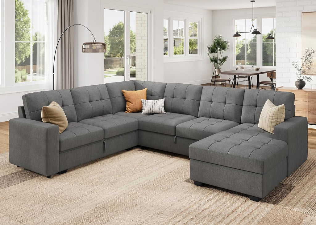 Sleeper Sofa Bed with Storage Chaise, Sectional Couch with Pull Out Bed, U Shaped Sectional Sleeper Sofa Couch, Grey