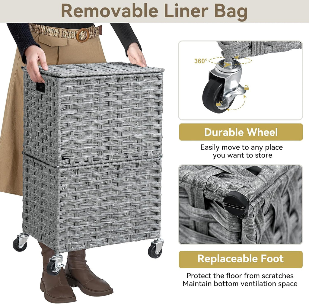 Wicker Laundry Basket with Wheels,Rolling Laundry Hamper with Lid | 90L Slim Clothes Hamper with Wheels & Removable