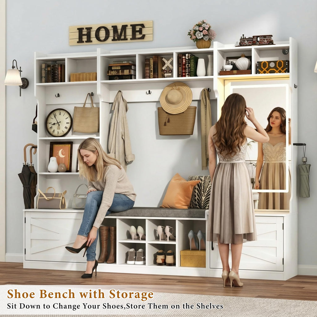 86.6''W Extra Large Farmhouse Hall Tree with Mirror Bench and Shoe Storage, Entryway Bench with Coat Rack, 6 Shoe