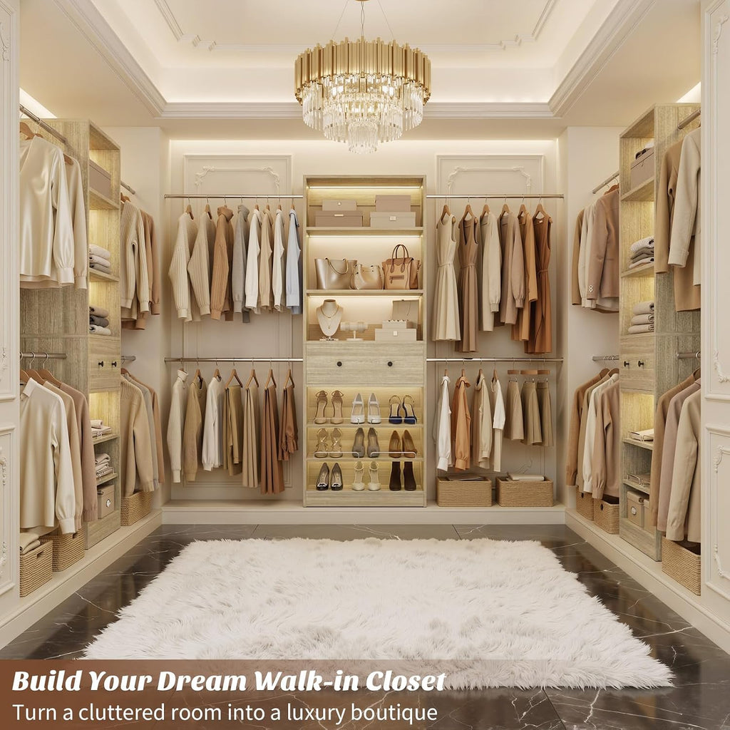 Wood Closet Organizer System - 4FT-9FT Expandable Wardrobe Closet with Drawer & 4 Hanging Rods, Heavy Duty Walk-in