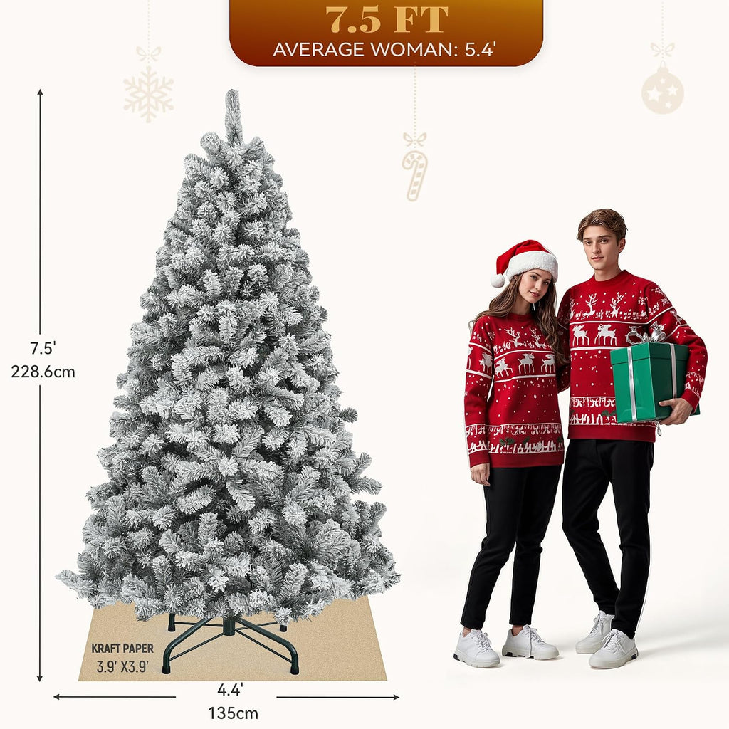 Prelit Snow Flocked Christmas Tree 7.5ft with Remote | Hinged Pine Christmas Tree w/ 550 Warm White/Multicolor