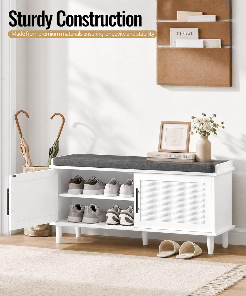 Rattan Shoe Storage Bench with Cushion, 2-Tier Entryway Bench with Adjustable Shelves and 2 Doors, 15" D x 39.4" W x