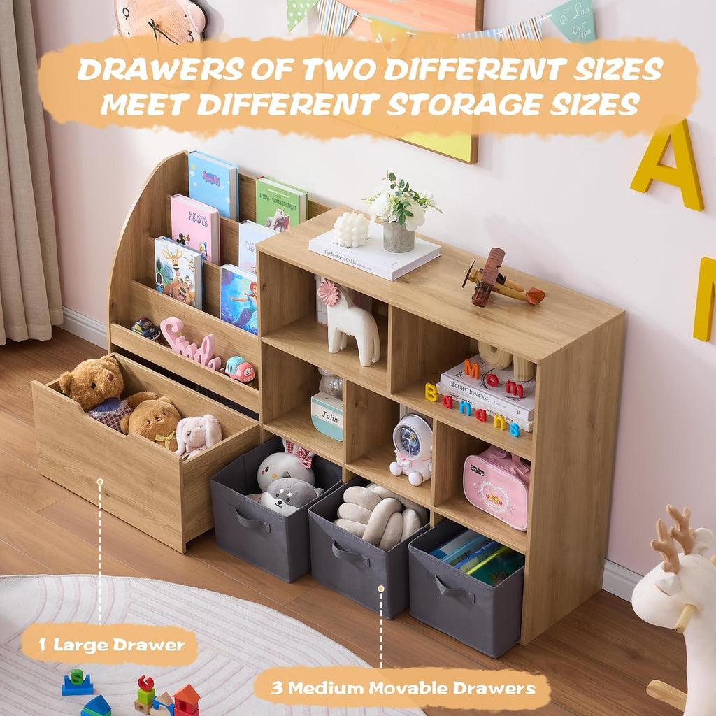 Kids Bookshelf and Toy Storage, Toy Storage Organizers with Movable Drawers & 3 Storage Bins, Kids Reading Nook Toy