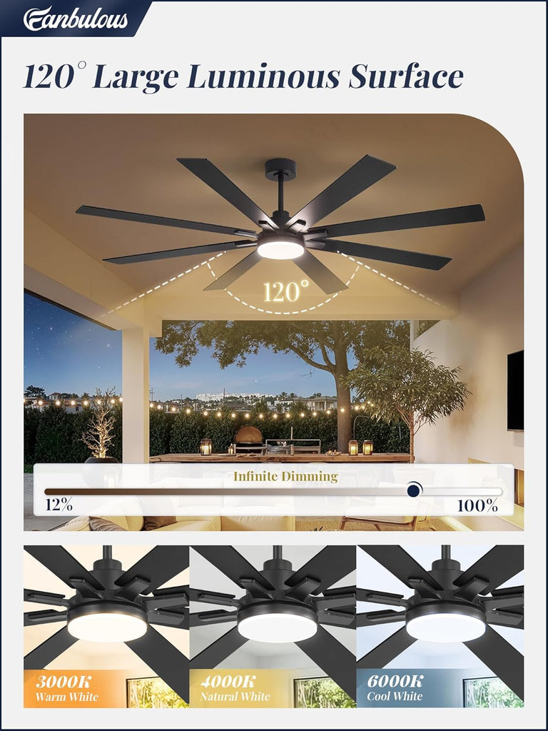 72 Inch Ceiling Fans with Lights and Remote, Dual-Sided Reversible Blades for Versatile Décor, Quiet DC Motor
