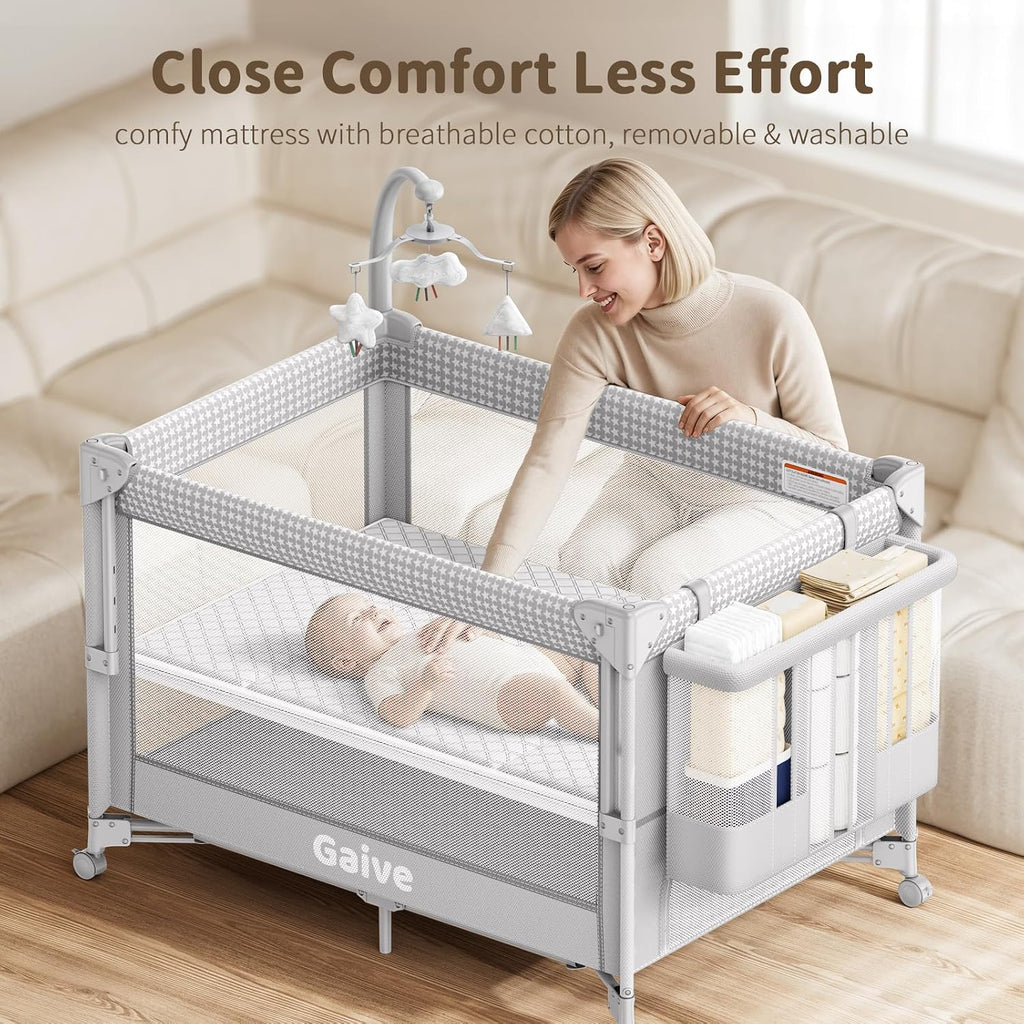 4 in 1 Baby Bassinet, One-Push Setup Pack and Play, Bedside Crib Sleeper with 3 Height Adjustable,Diaper Changer