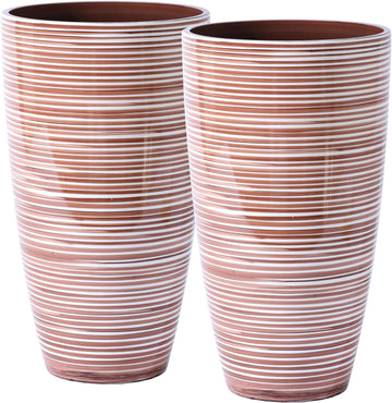 Tall Planters for Outdoor Plants 2Pack, 21-Inch Large Striped Planter with Removable Insert Shelf,Ribbed Coffee&Milk