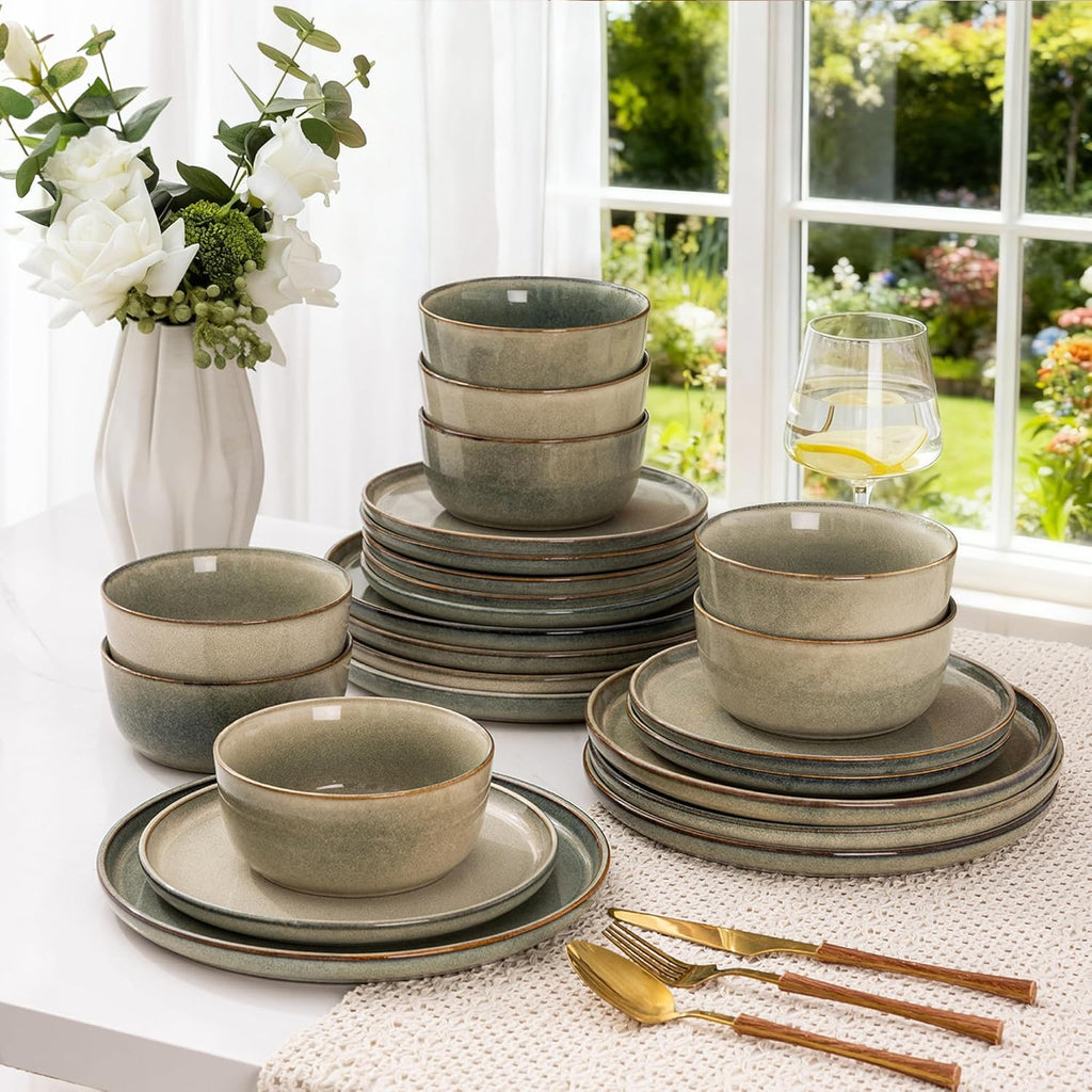 Stoneware Dinnerware Sets,Round Reactive Glaze Ceramic Plates and Bowls Sets,Highly Scratch Resistant | Dishwasher & Microwave Safe,Service for 8 Dishes Set (24pc)