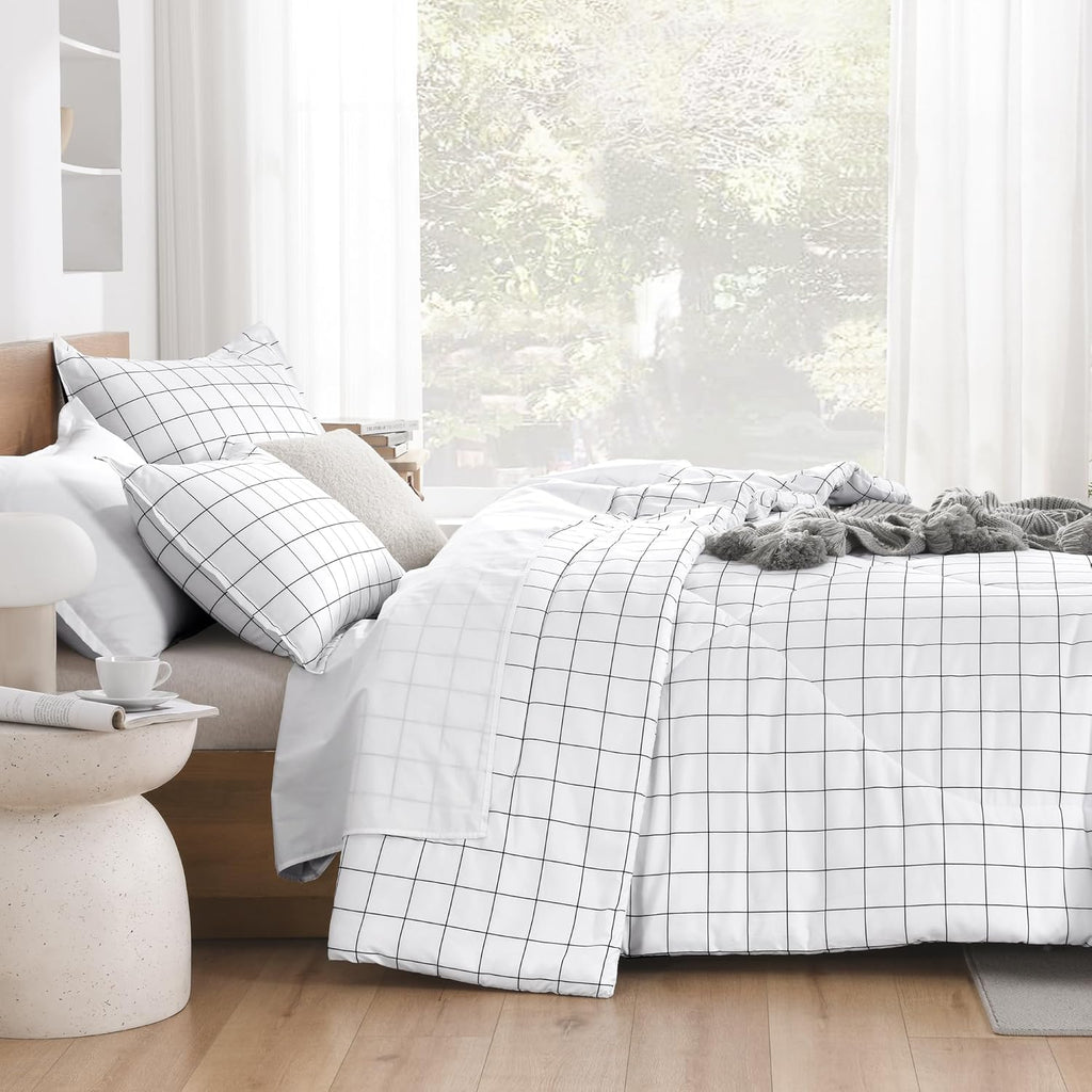 Comforter Sets, White Gingham Plaid Grid Checkered Bedding Comforter Set for Teens Boys Girls Kids, 3 Pieces