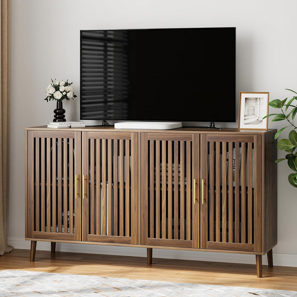 Buffet Cabinet with Storage, 63" Walnut Sideboard with Grille Doors&Adjustable Shelf