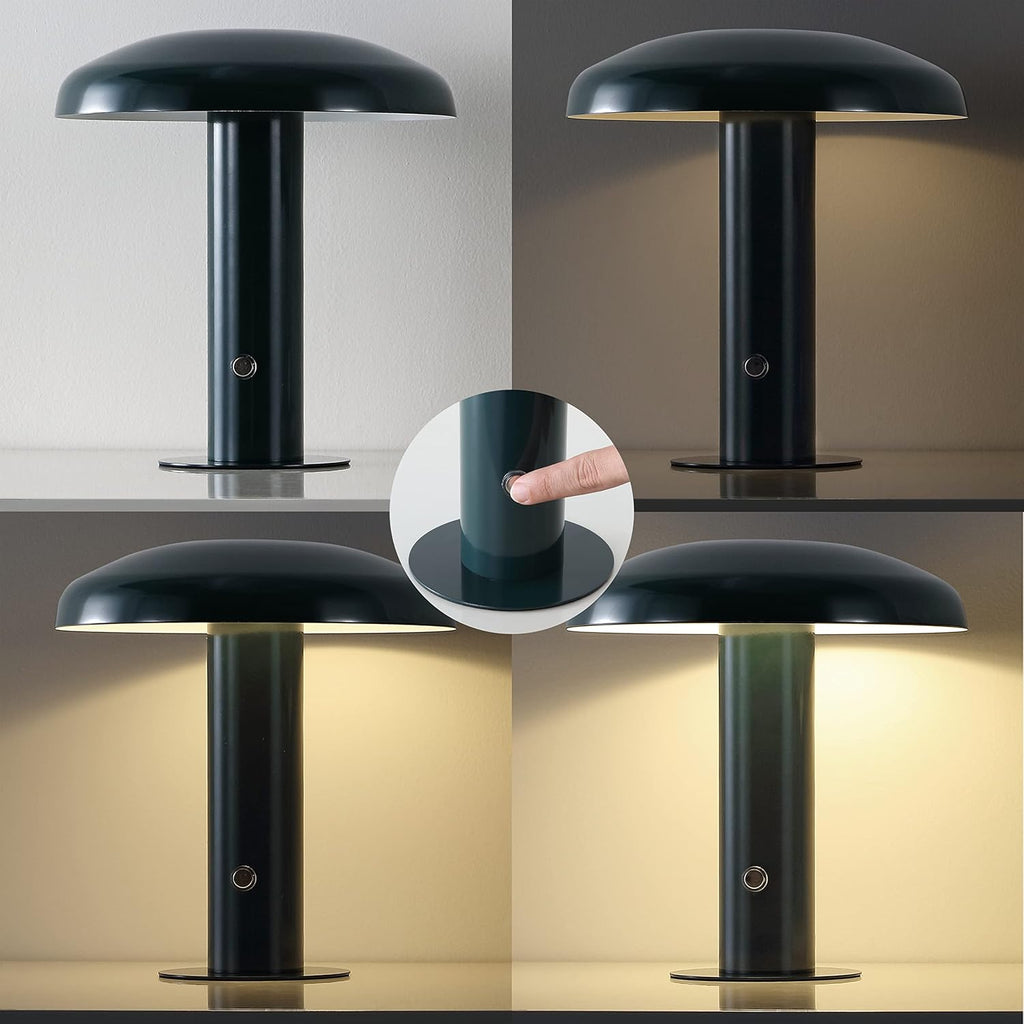 11" Forest Green Rechargeable LED Mushroom Table Lamp, Cordless Portable Dimmable Mid-Century Modern Accent Lamp