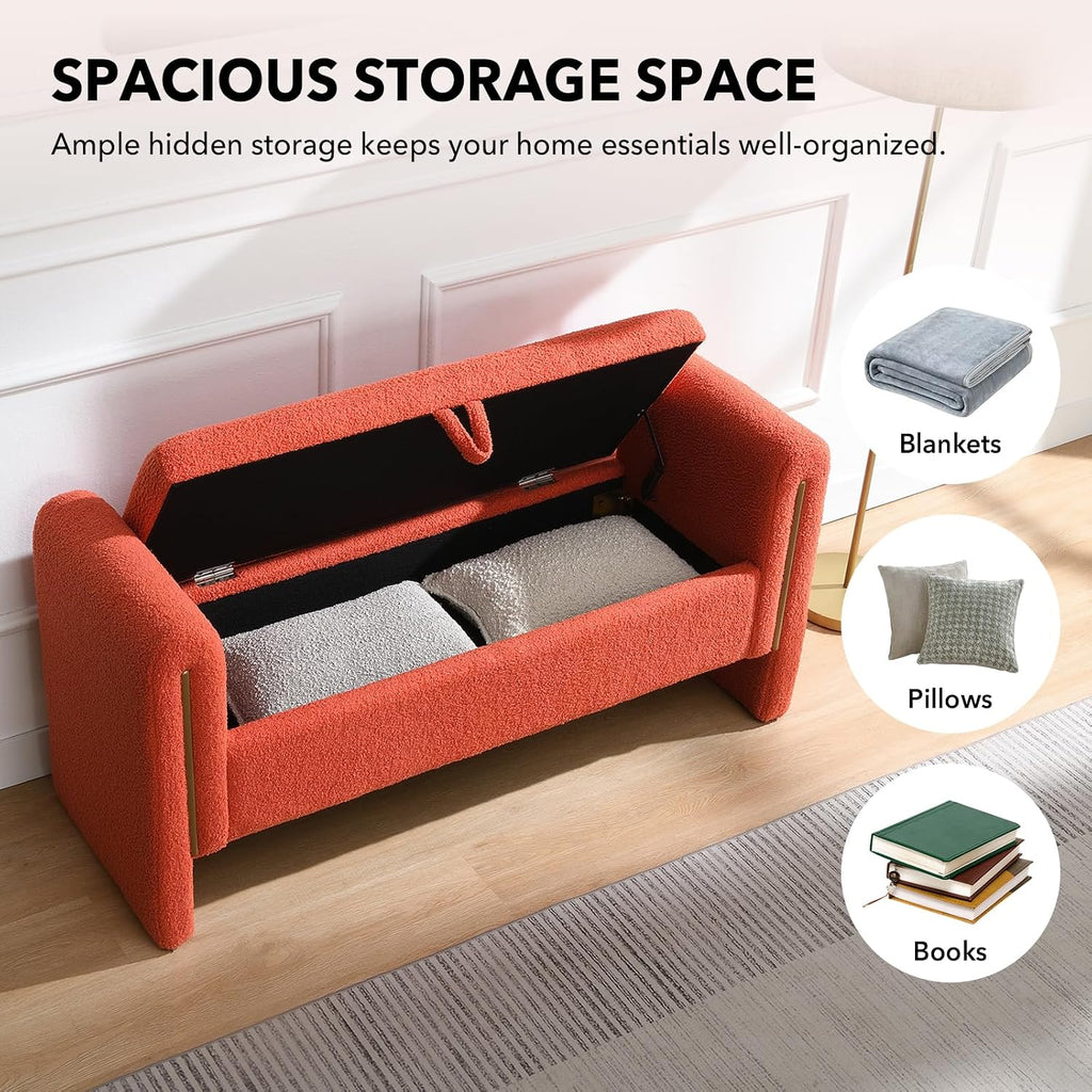 52" Flip-Top Storage Ottoman Bench, Teddy Entryway Bench (Orange) | Teddy Fleece Upholstered End of Bed Bench with