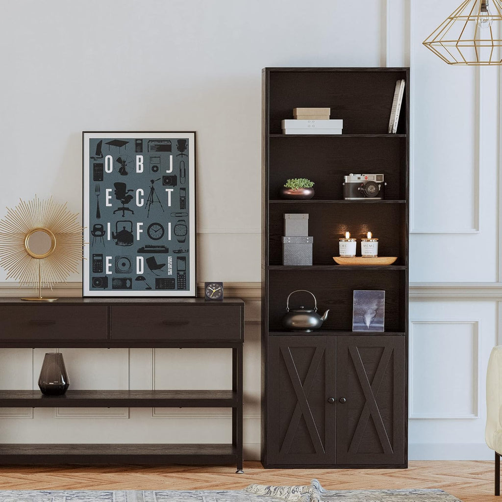 Industrial Bookshelves and Bookcases with Doors Floor Standing 6 Shelf Display Storage Shelves 70 in Tall Bookcase