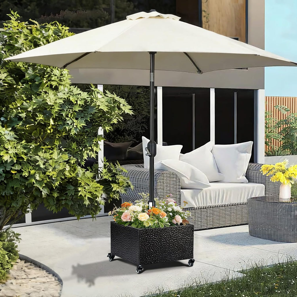 Heavy-Duty Metal Umbrella Base Stand with Wheels, 150lb Capacity Portable Fillable Planter - Black - S5NQ