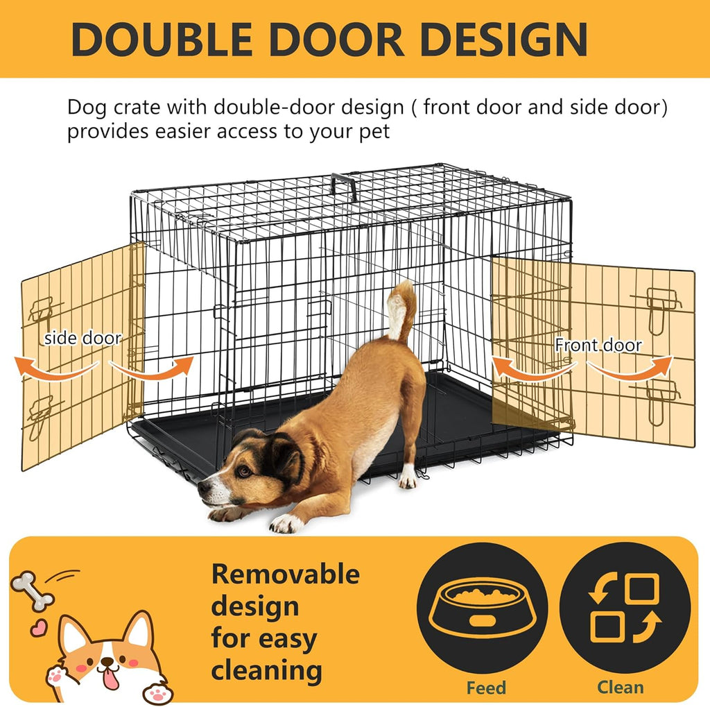 Dog Crate Dog Kennel Cage with Double Door,36 inch Folding Metal Wire Dog Cage with Removable Tray&Divider Panel,Pet