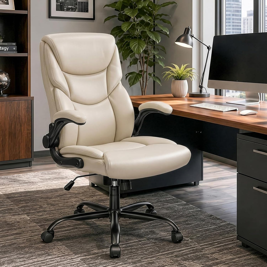 Office Executive Chair - Heavy Duty High Back Home Desk Chair with Flip-up Armrest, PU Leather, Height Adjustable & Swivel Rolling with Wheels, Beige
