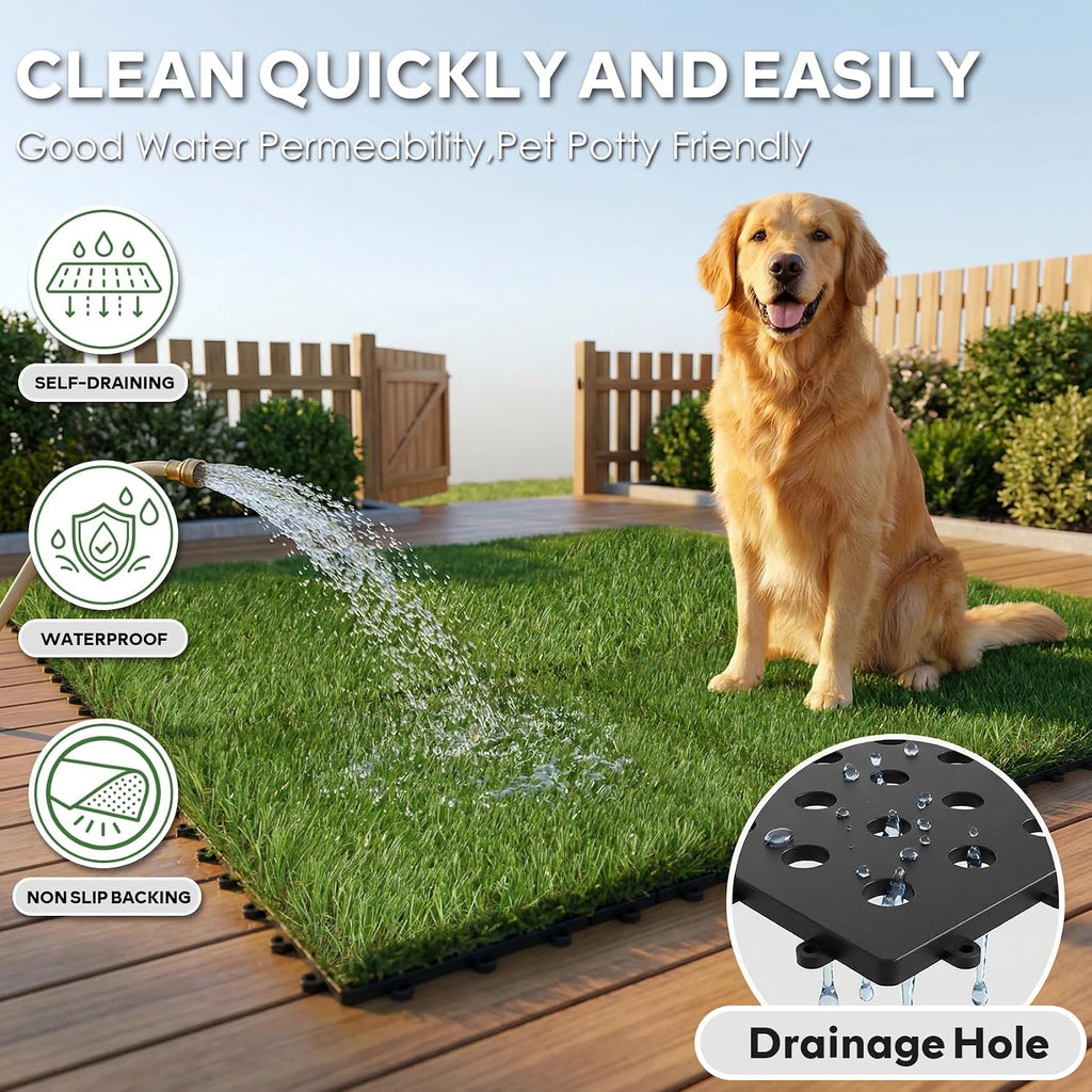 Outdoor Artificial Grass Tiles Interlocking Turf Squares 9 Pack, 12"x12" Fake Grass Mat for Balcony Patio Deck Flooring