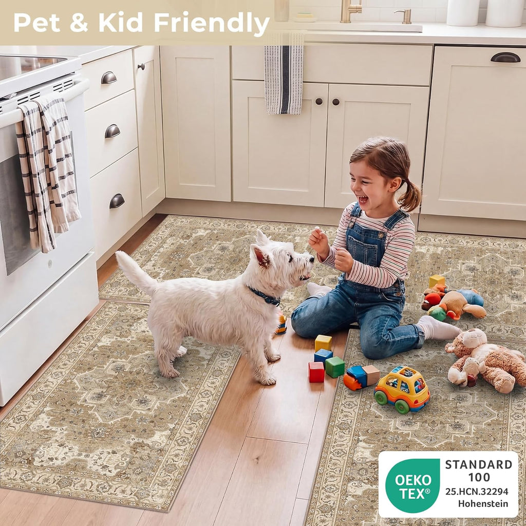 3 Piece Kitchen Rugs Sets with Runner, Washable Non Slip Soft Boho Kitchen Mats, Low Pile Stain Resistant Carpet