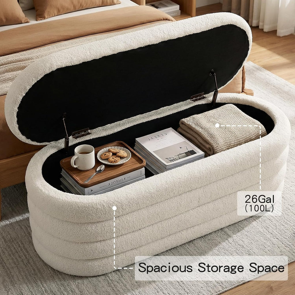 Storage Ottoman Bench, 45'' Upholstered Boucle Ottoman with Storage, Aesthetic Bedroom Bench Entryway, Beige