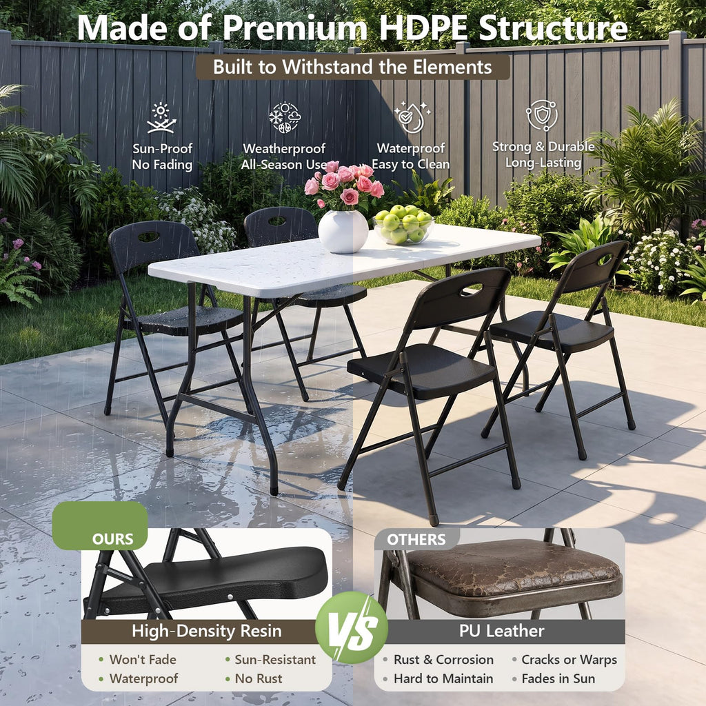 5FT Folding Table and Chairs Set for 4, Heavy Duty Fold-in-Half Plastic Dining Table with Carry Handle & 4 Folding