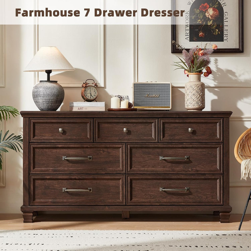 Farmhouse 7 Drawer Dresser , Walnut | 54" Wide Horizontal Dressers & Chests of Drawers with Reinforced Top & Square