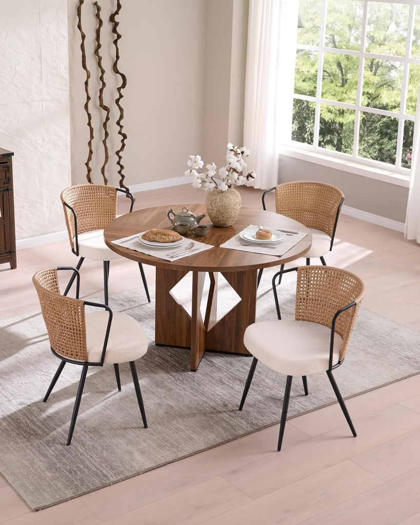 Rattan Dining Chairs Set of 2 - Farmhouse Upholstered Cane Back Kitchen Chair with Boucle Cushion