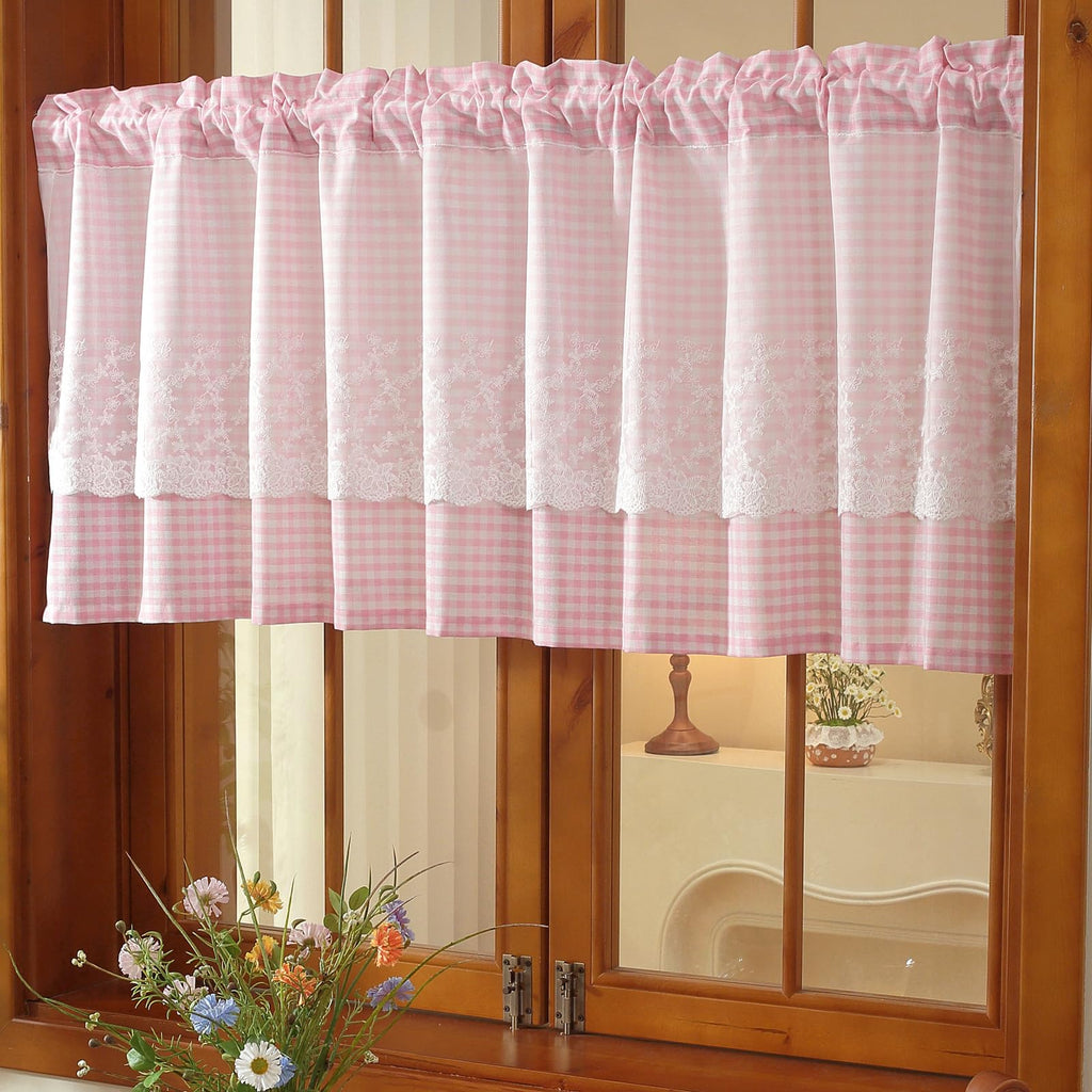 Pink and White Buffalo Check Plaid Window Valances Floral Lace Semi Sheer Kitchen Curtain Farmhouse Gingham Curtains