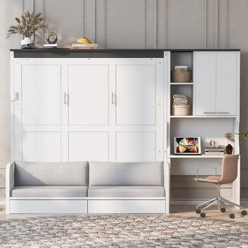 Queen Murphy Bed with Sofa, Desk and Storage Cabinet, Solid Wood Wall Bed Frame, Space-Saving Foldable Design, White