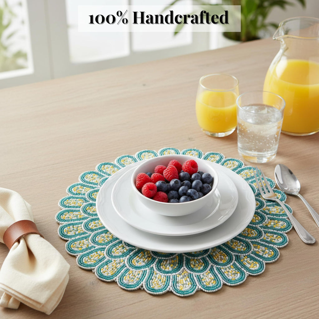 Beaded Placemats 13 Inch Green White Round Table Mats