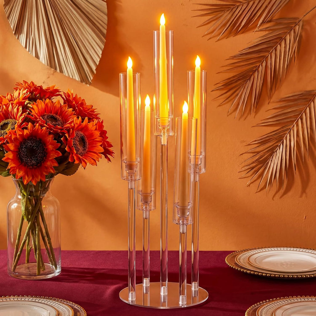 4 Pcs Acrylic Candelabra Centerpieces Candle Holder Crystal 5 Arm Candlesticks Holder with Acrylic Shade Pillar Taper