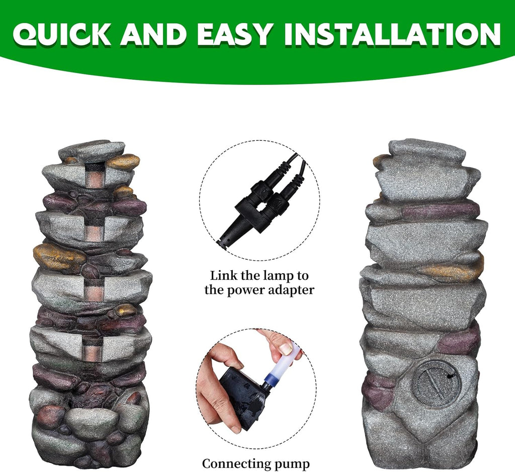 39" Stacked Rock Design Outdoor Freestanding Water Fountain, Floor Fountain with LED Lights and Pump