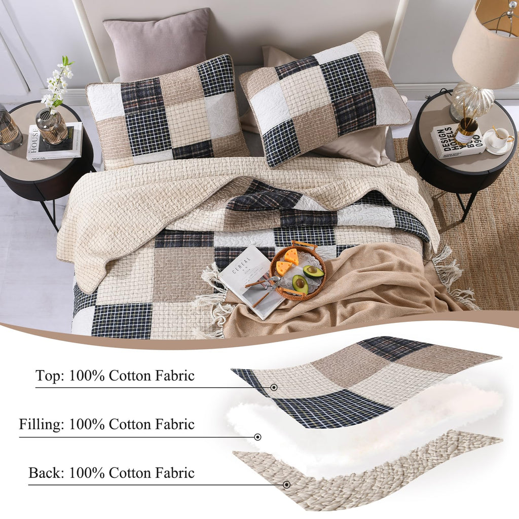 Quilt, Patchwork Plaid Quilt Set/Brown/Beige/Charcoal