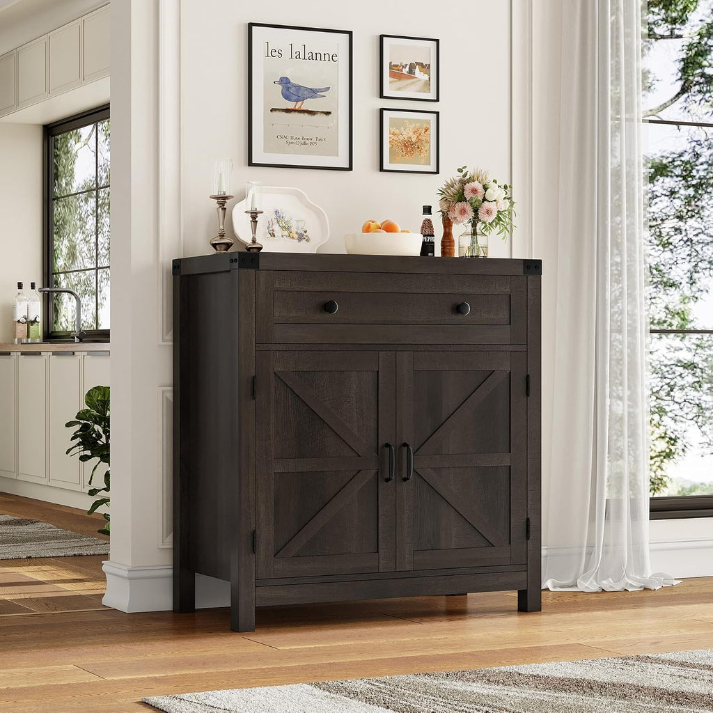 Kitchen Storage Cabinet, Farmhouse Coffee Bar Cabinet, Dark Brown | Small Buffet Cabinet with Doors & Wide Drawer
