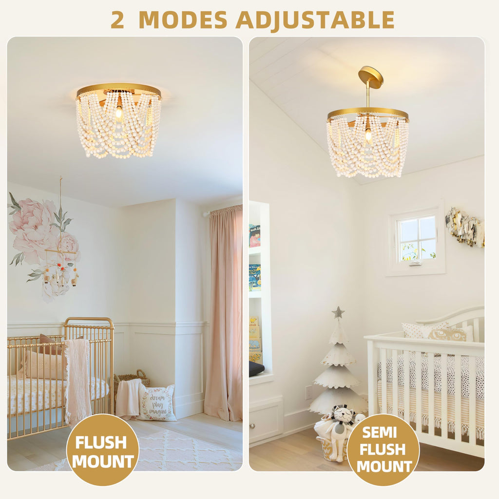 3-Light 12.6" Boho Wood Beaded Flush Mount Ceiling Light, 2-Mode Adjustable Beaded Chandelier, Boho Chandelier Coastal