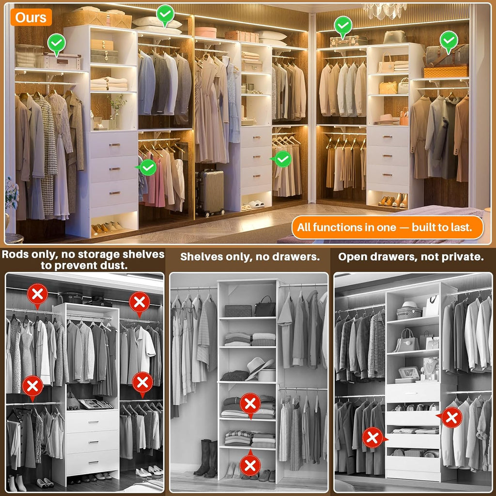 96" Wood Closet System with 3 Enclosed Drawers & 3 Solid Shelves, 8FT Adjustable Closet Organizers and Storage, Heavy