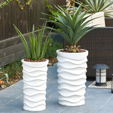 Tall Planters for Outdoor Plants, Set of 2 Garden White | With Drainage Hole and Rubber Plug, Modern White
