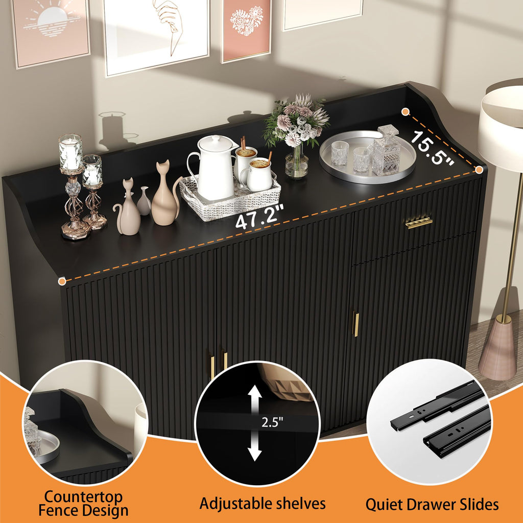 Black Sideboard Buffet Cabinet with Storage, 47" Fluted Sideboard