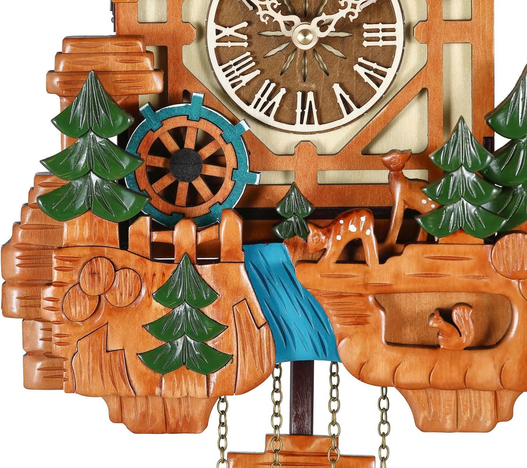 Kintrot Cuckoo Clock, Handcrafted Traditional Black Forest Chalet Style Wooden Wall Clock with Singing Bird, Rotating Waterwheel, and 12...