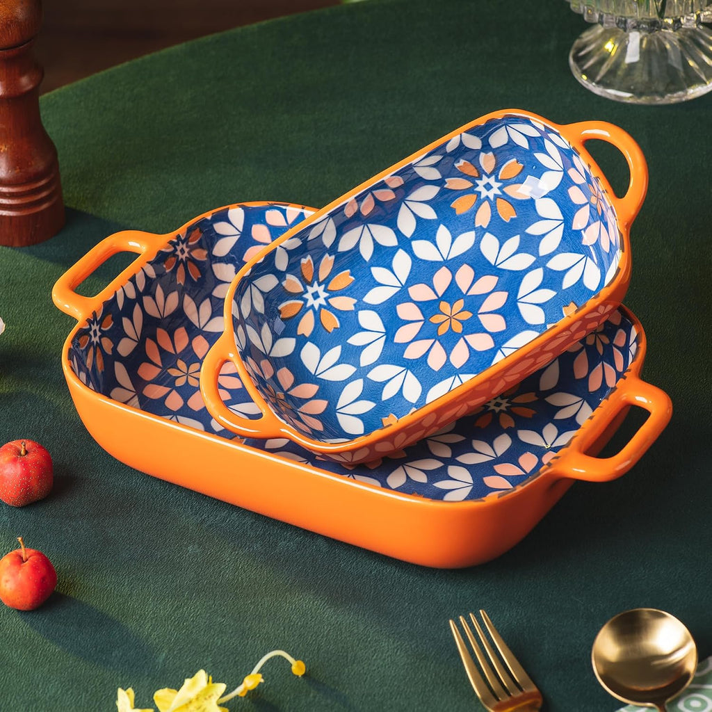 Ceramic Dish Set, 2-Piece Hand-painted Porcelain Rectangular Bakware set with Handles,Large 10.55"L*7.4"W and