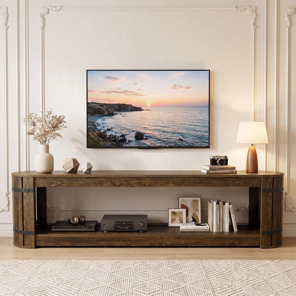 82.68 Inch TV Stand for TVs up to 90 Inch, Long TV Console Table | 2-Tier Storage Media Entertainment Center for Living Room, Entertainment Room, Vintage Barrel Style, Rustic Brown