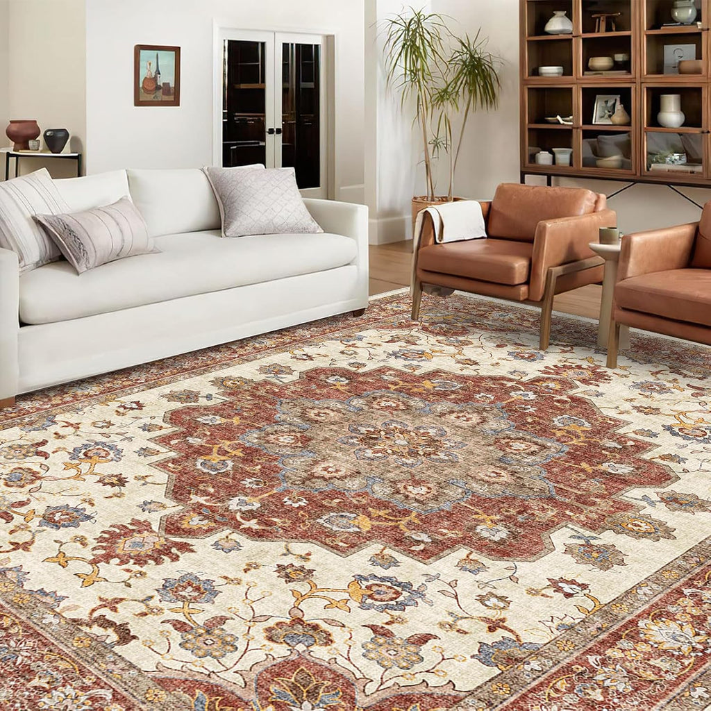 Washable Oriental Area Rug - 9x12 Rugs Soft Carpet Waterproof Floral Distressed Indoor Stain Resistant Non-Shedding