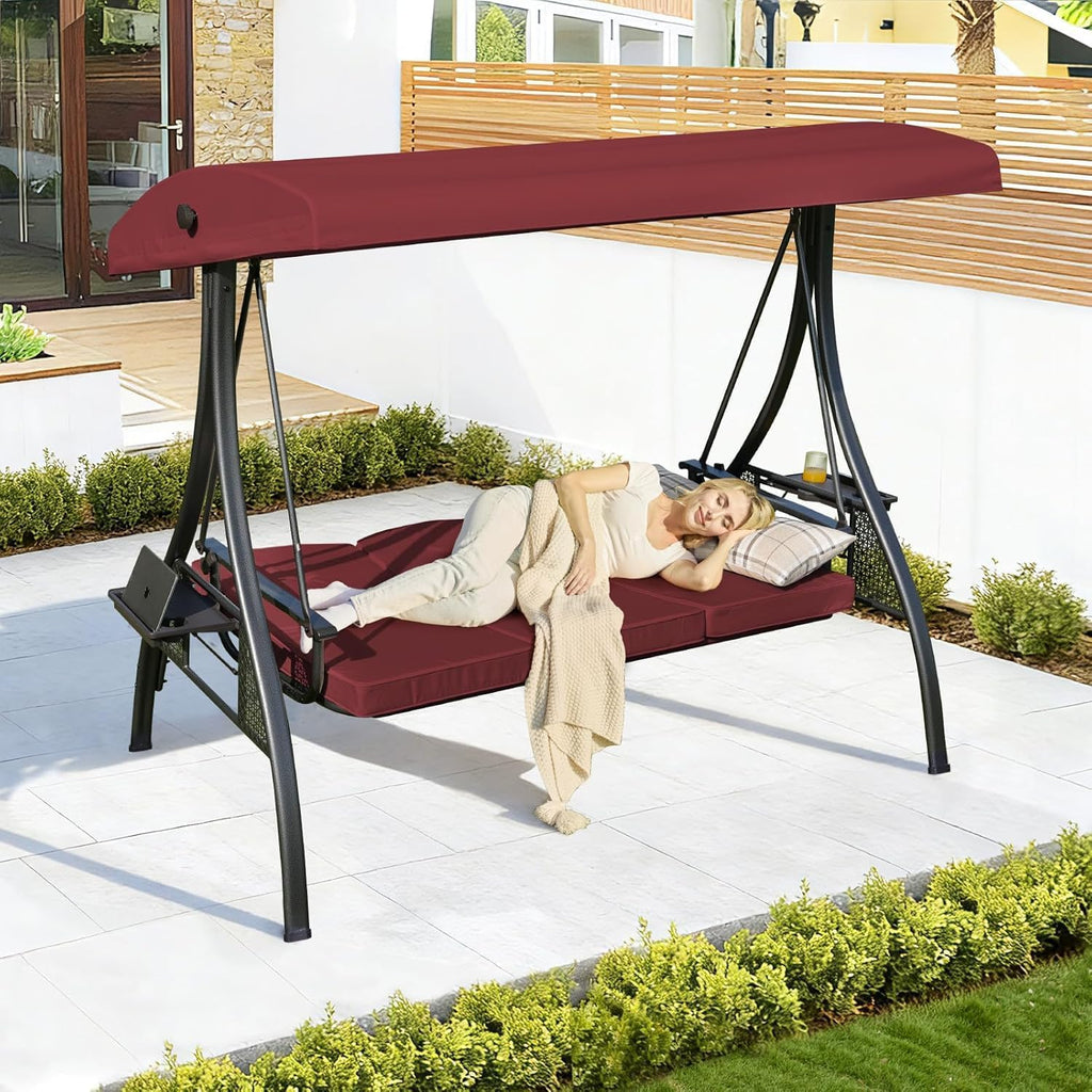 3-in-1 Outdoor Porch Swing with Stand (Red, Square Tube) | 3-Seater Patio Swing with Adjustable Canopy , Backyard