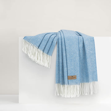 Cotton Throw Blanket - Blue Denim Italian Woven Herringbone Throw Blanket with Fringe - Luxury Decorative Throw for