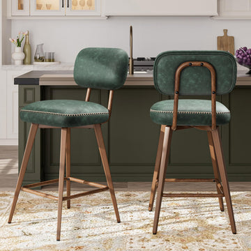 26" Mid Century Leather Swivel Bar Stools Set of 2, Green