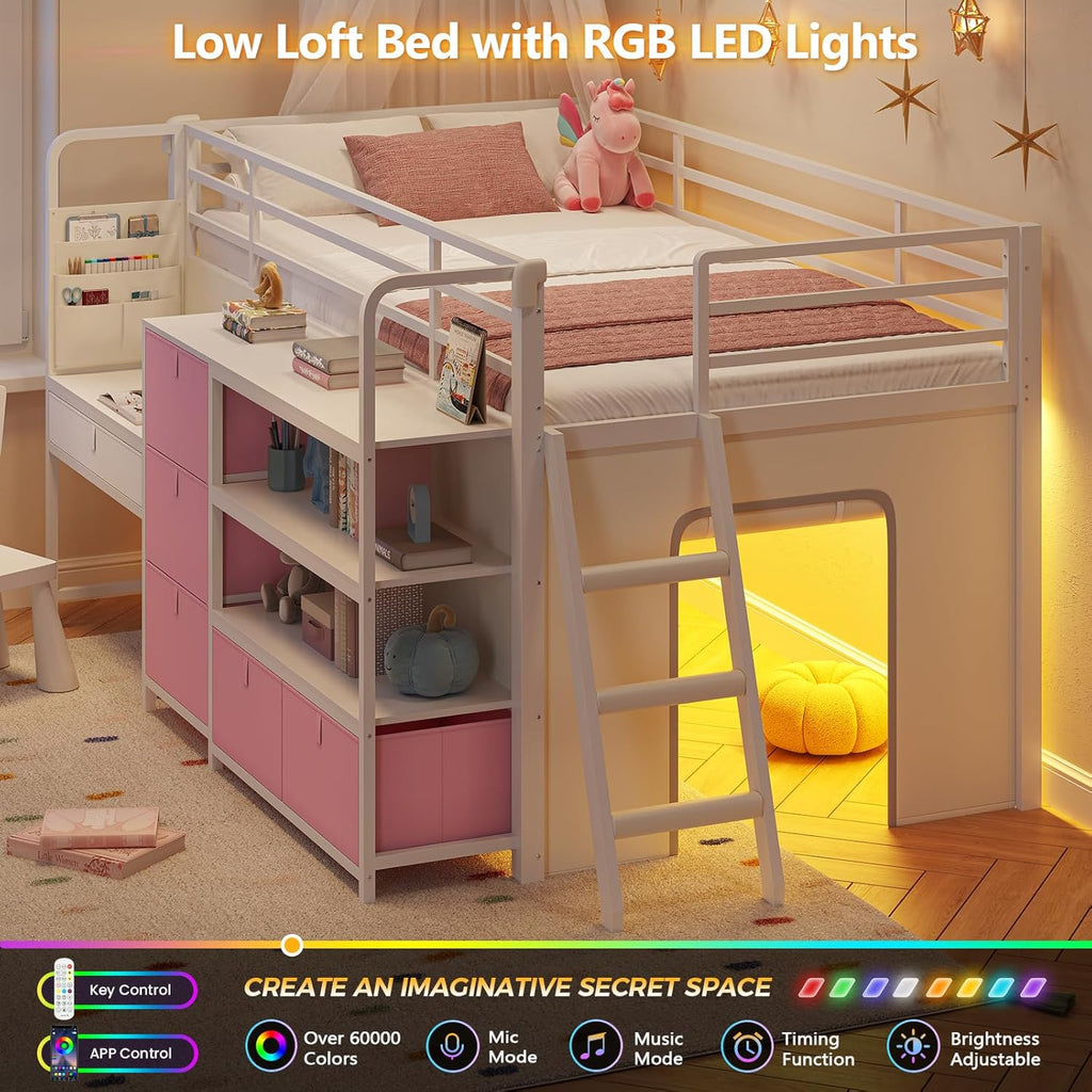 Low Loft Bed with Desk and 6 Storage Drawers Twin Loft Bed with Bookshelf,LED Lights & Under-Bed Play Space,Kids Twin