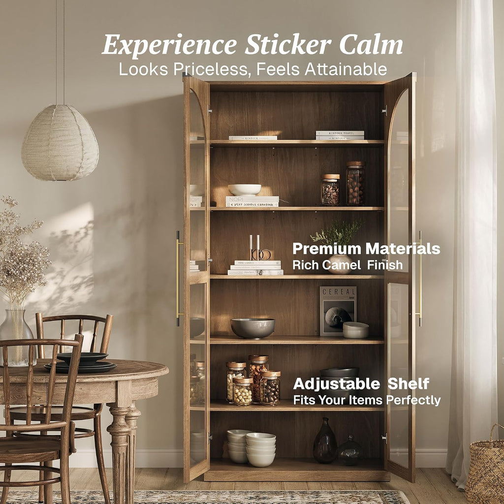 Modern Wood Wine Curio Cabinets with 4 Adjustable Shelves, 67" Storage Cabinet, 6 Shelf Glass Bookshelf Display