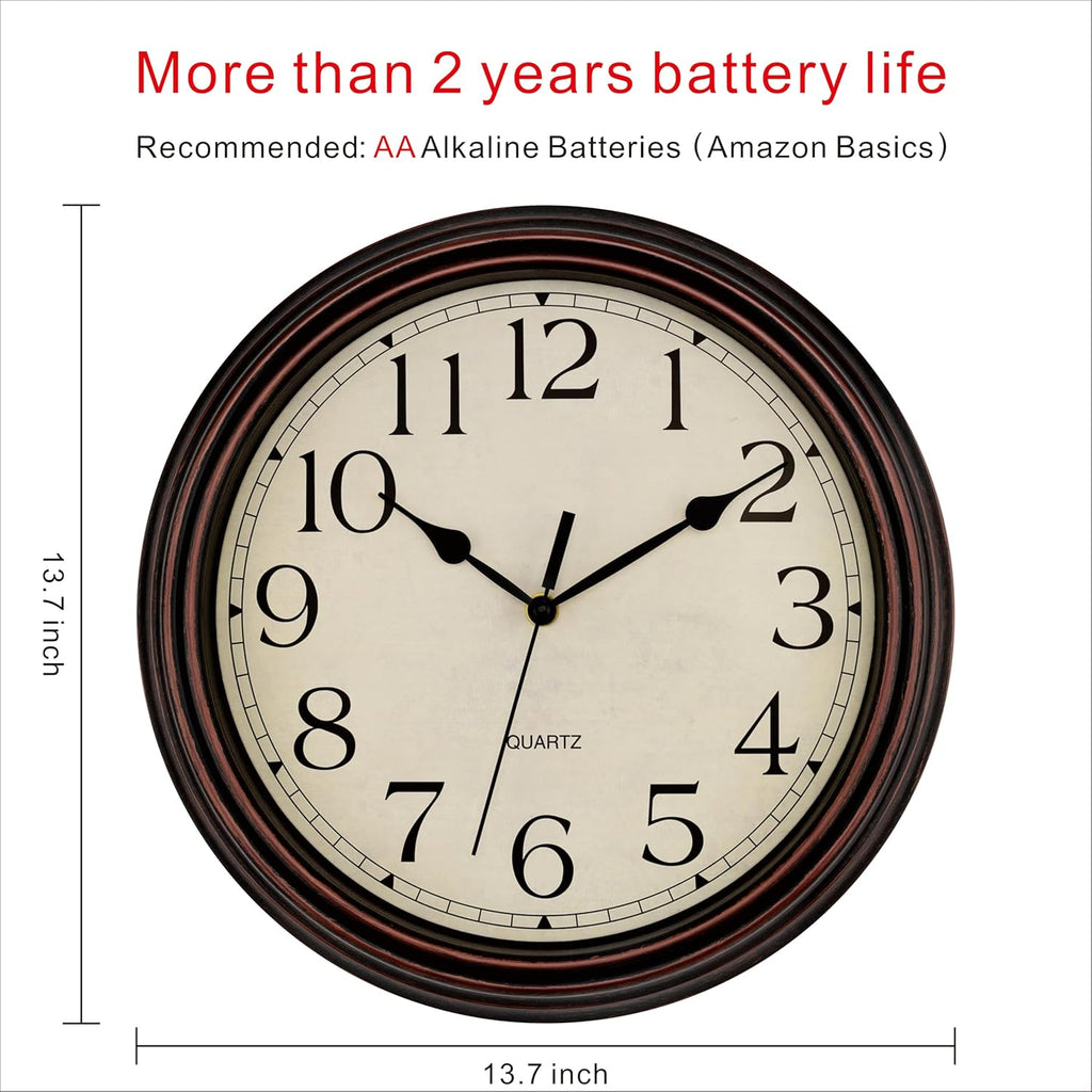 14 Inch Wall Clock Battery Operated Silent Non-Ticking Round Classic Vintage Retro Wall Clock Decorative for Living Room Kitchen Home Office (Bronze)