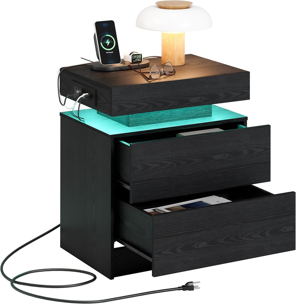 Nightstand with Charging Station LED Light and 2 Drawers Black | bedside table; end table; charging station; LED