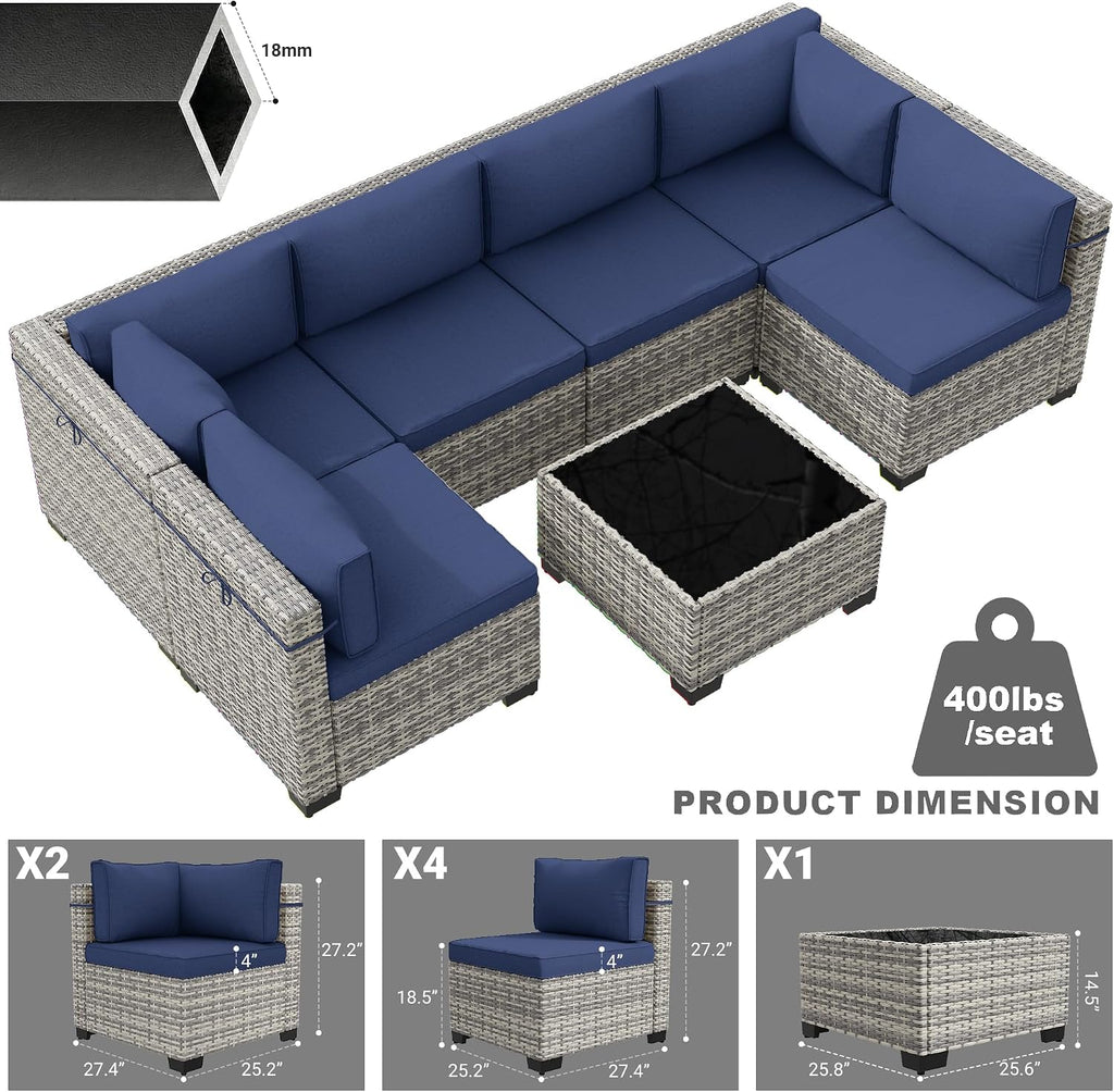 Outdoor PE Wicker Rattan Modular Patio Sectional Sofa Set | 7-Piece: 6 Modular Seats & Coffee Table with Thick
